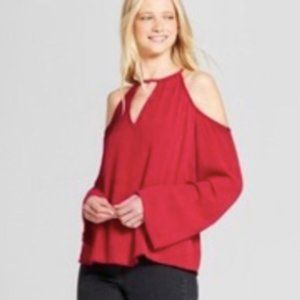 Red keyhole cold shoulder longsleeve blouse